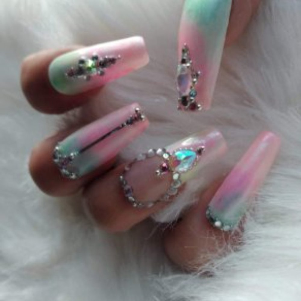 Pastel  mint n soft pink crystal bling luxury press on nails pPN72